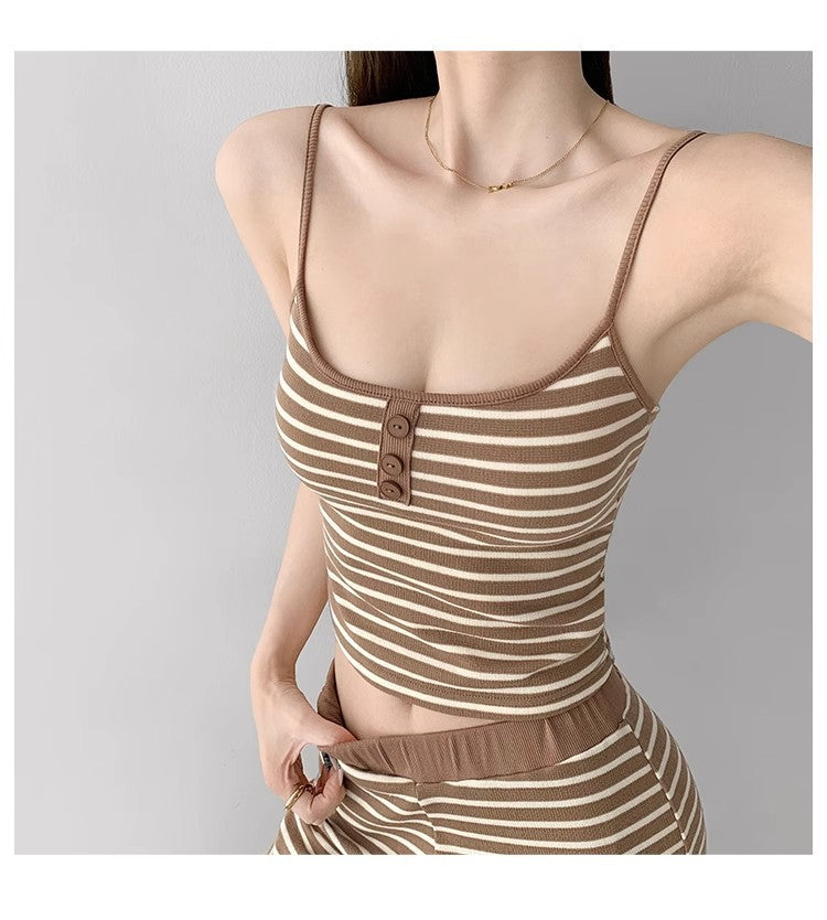 Home Lazy Relaxed Striped Slimming Wide-Leg Pants for Women Summer Hot Girl Fashion Camisole Vest Casual Two-Piece Set