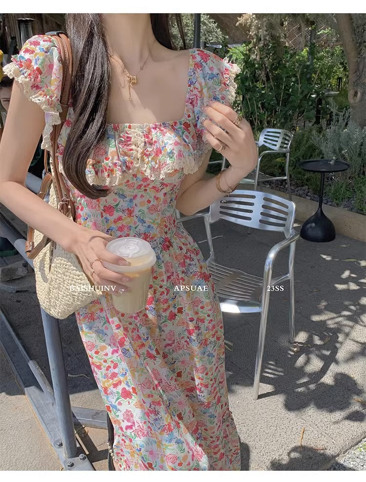 Floral Square Neck Slim Fit Women's Dress for Beach Vacation Casual Long Dress