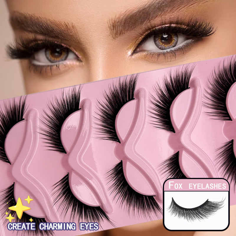 Cross-border shipping European and American style5Pair of Fox Series Slanted False Eyelashes Natural Style One-Piece Black Stem Cat Eye False Eyelashes