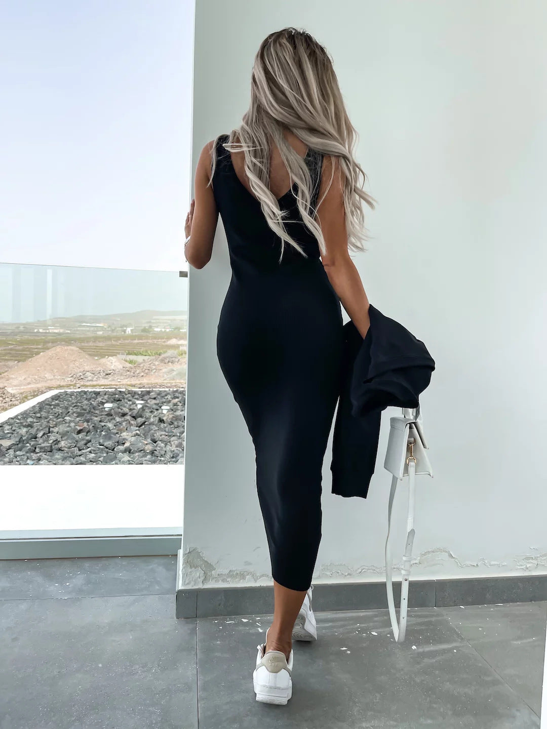 Amazon European and American Cross-Border New Spring Summer Women's Solid Color Clothing V Collar Long Sleeve Sweater Sling Slim Fit Long Dress2Set