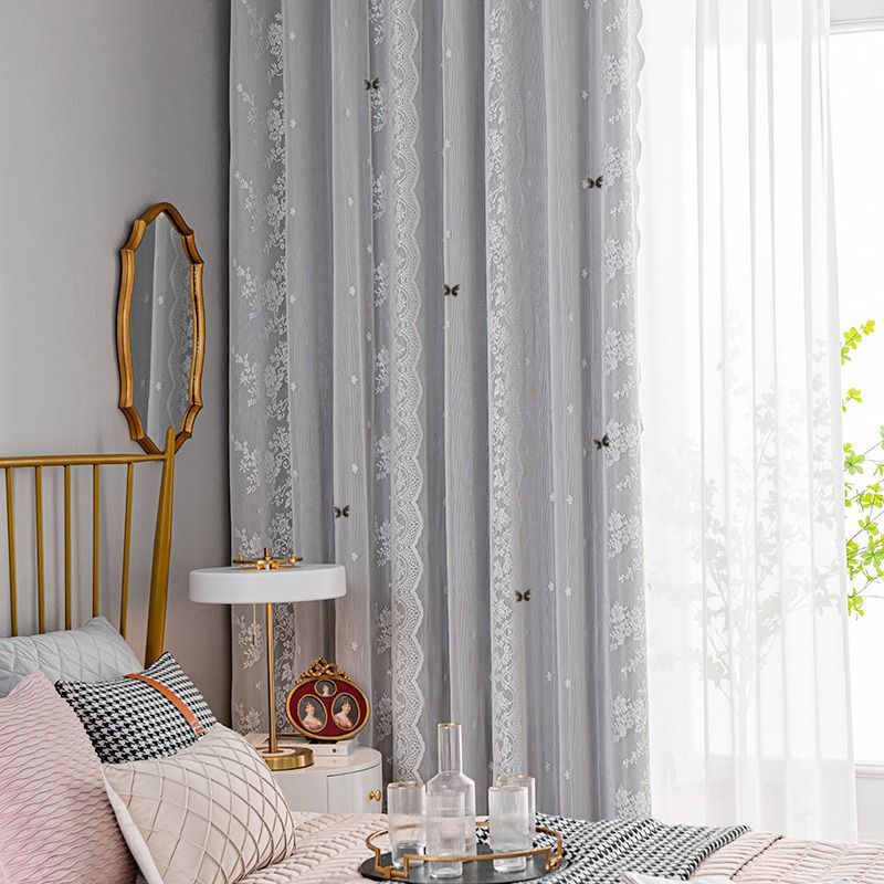 New Cream Style Curtains Cozy Bedroom Blackout Lace Double Layer Fabric Sheer Integrated Bay Window Floor-to-Ceiling Thickened High-End