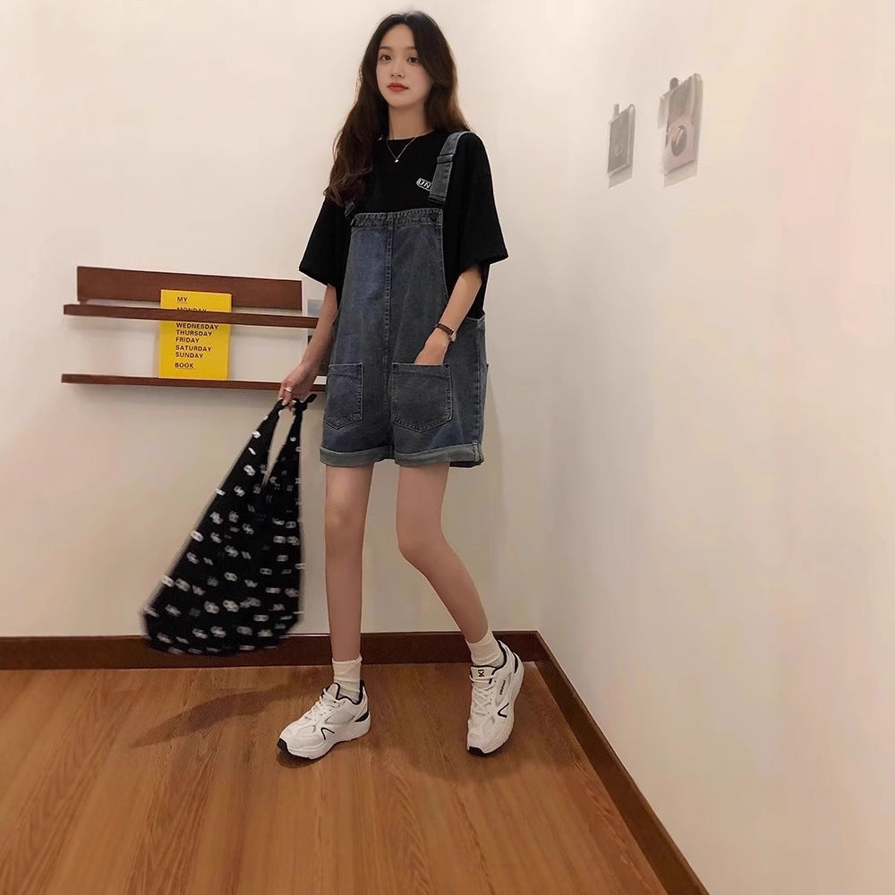 Women's Denim Overalls Summer Thin Loose Slimming Straight Strap Jumpsuit Denim Overalls Shorts