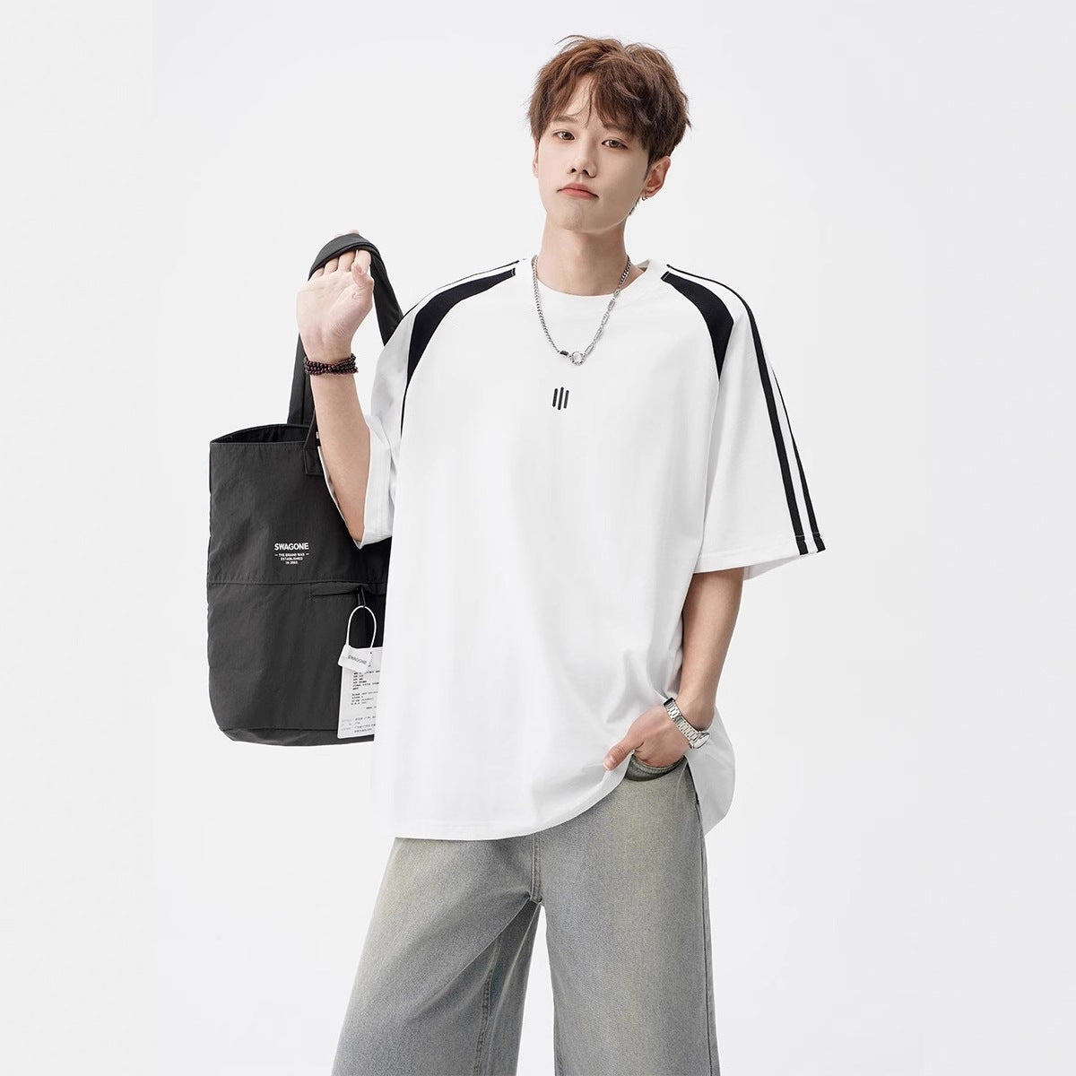 2025New Trendy Ice Silk Short Sleeves t Men's Round Neck Pullover Top Summer American Style Heavy Loose T-Shirt