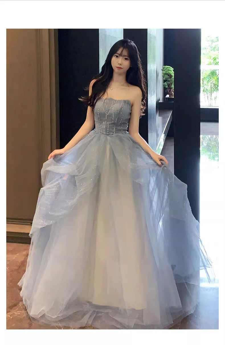 Blue Strapless Dress Puff Skirt Runaway Princess Fairy Dress Light Luxury High-end Evening Dress Host Slim Fit Elegant