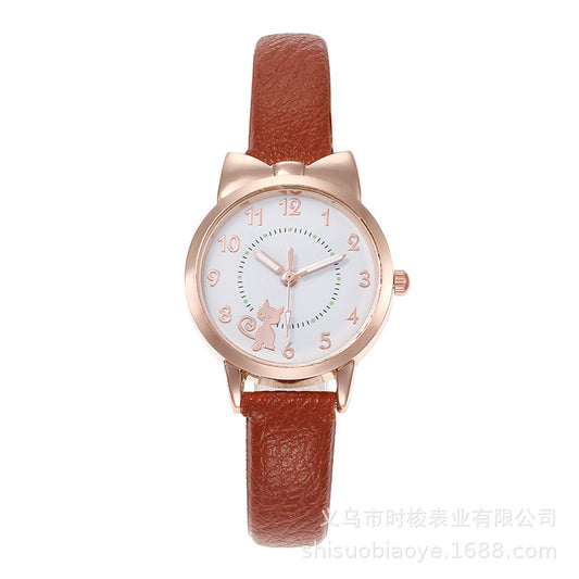 Cross-Border Hot-Selling Children's Watch for Girls with Cute Bowknot, Digital Kitten Design, Student Watch, In Stock for Wholesale