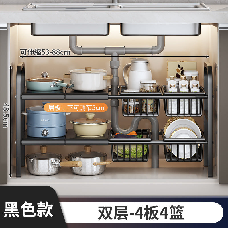 Carbon Steel Hot-Selling Telescopic Sink Storage Rack Cabinet Layered Organizer Wash Basin Kitchen Storage Dropshipping