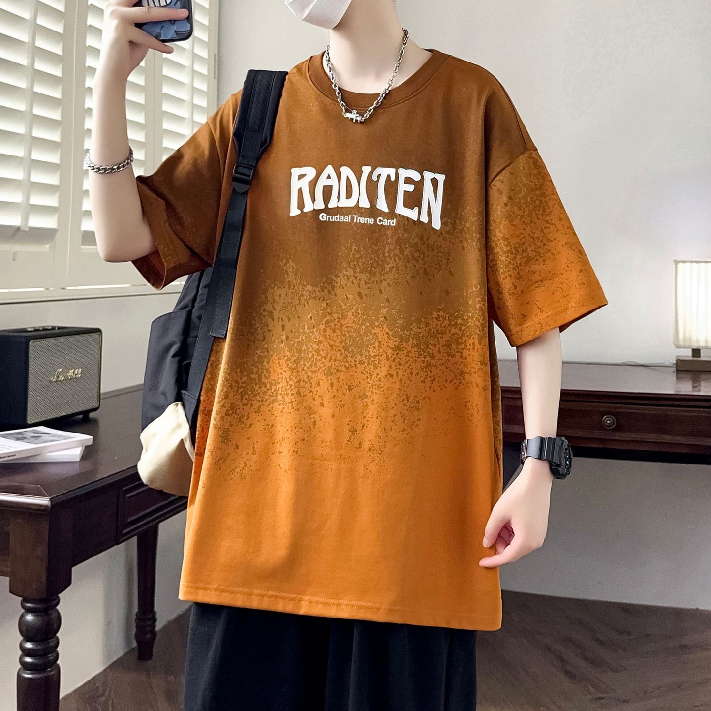 2025Summer New Men's Youth Casual Stylish Trendy Loose Short Sleeve T Shirt Gradient Color for Middle and High School Students