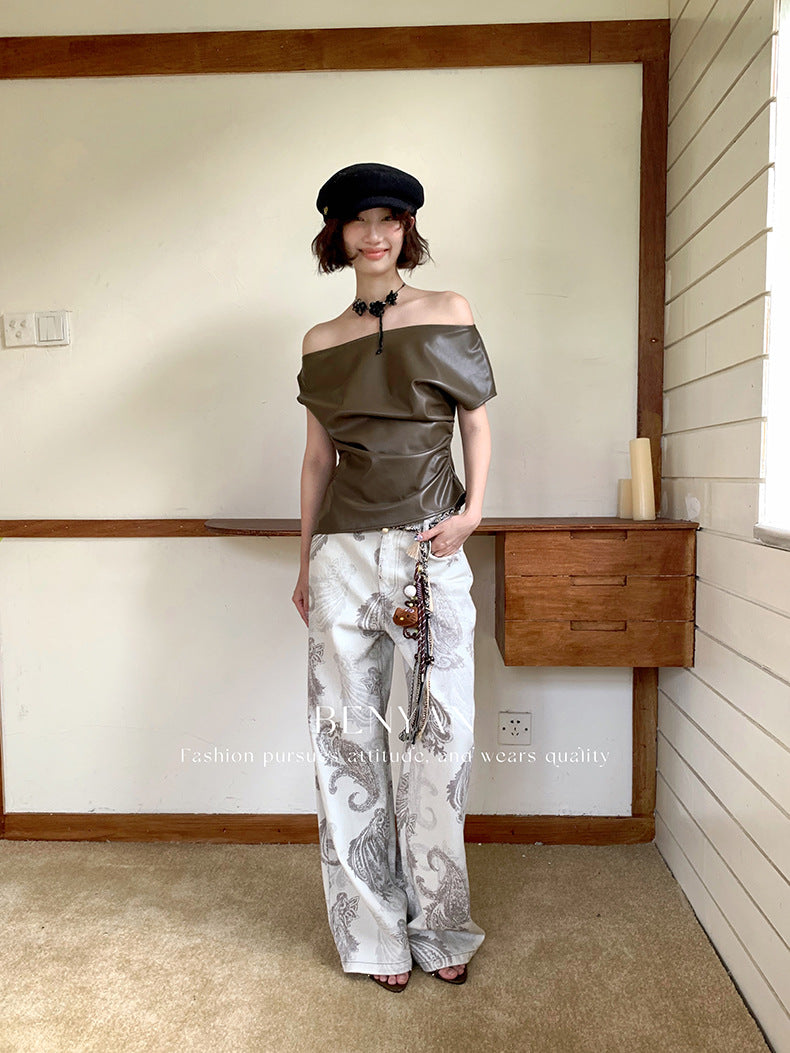Original text Thirteen Lines Autumn Loose Retro Print Versatile Casual Jeans for Women【Includes Waist Belt】82285
