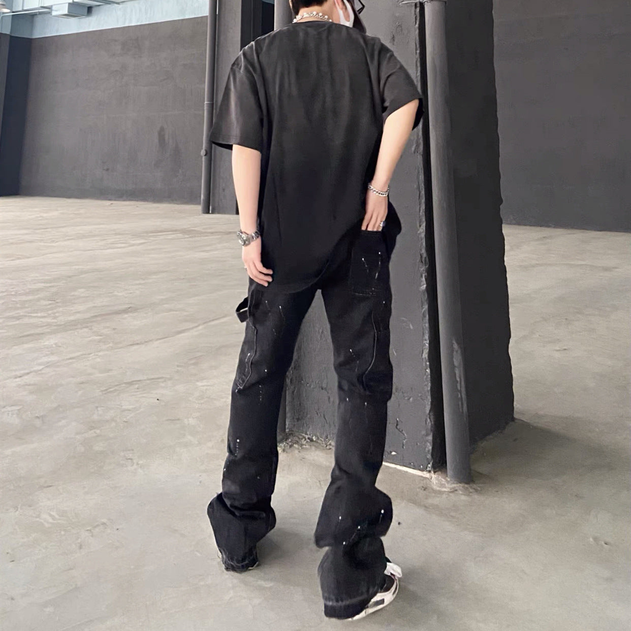 2023New Graffiti Ink Splash Damage Dept Casual Retro Niche vibo High Street Men's and Women's Flared Jeans