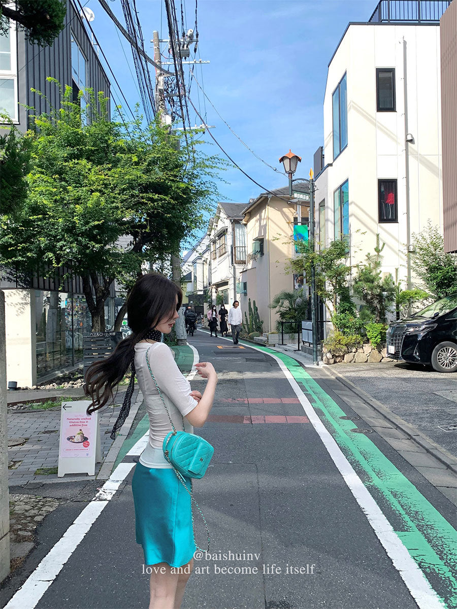 White Water Bamboo Shoots Scarlett's Skirt Satin Bias Cut Half Skirt for Women Summer High-End Korean Style Elegant Slim Short Skirt