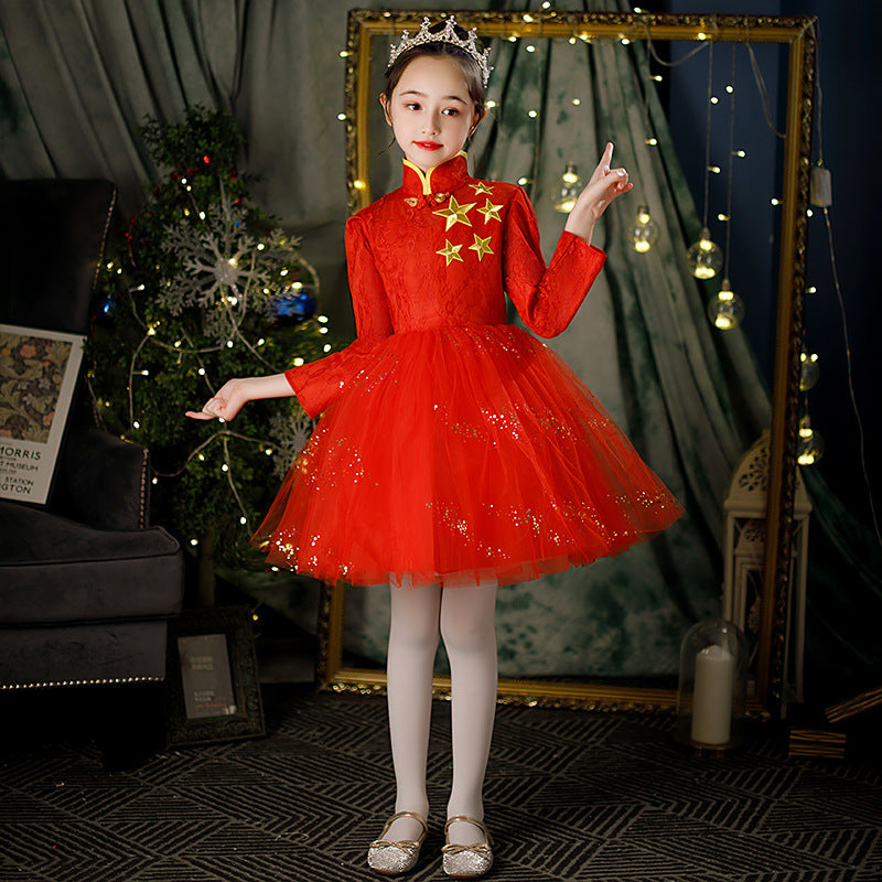 Children's Dance Costume for Children's Day, Red Theme Chorus, Poetry Recitation Performance Costume, Girls' Dress Set