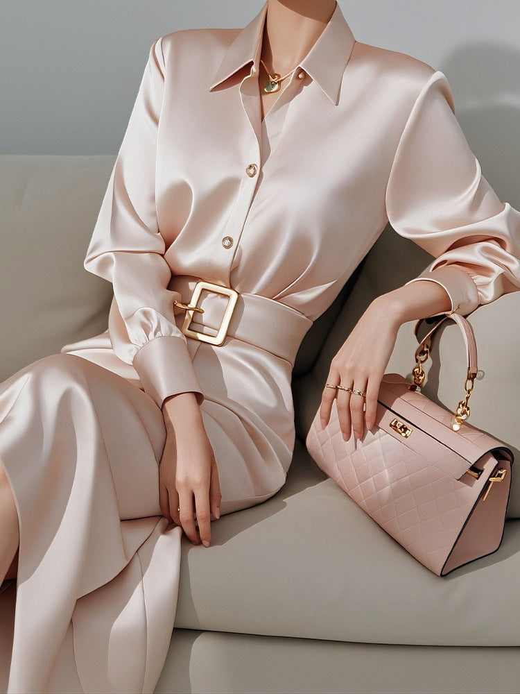 2025Spring French Style for Important Occasions Elegant and High-End Champagne Color Shirt Dress
