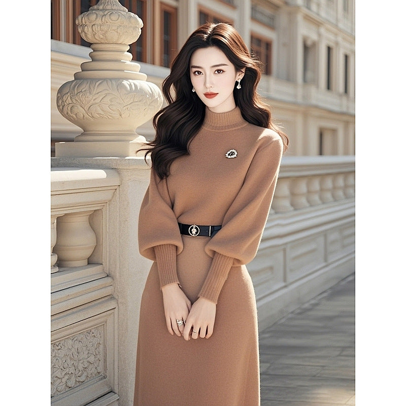 2024Winter French Style High-End Elegant Waist-Cinching Little Chanel Style Khaki Long-Sleeve Knitted Dress for Women