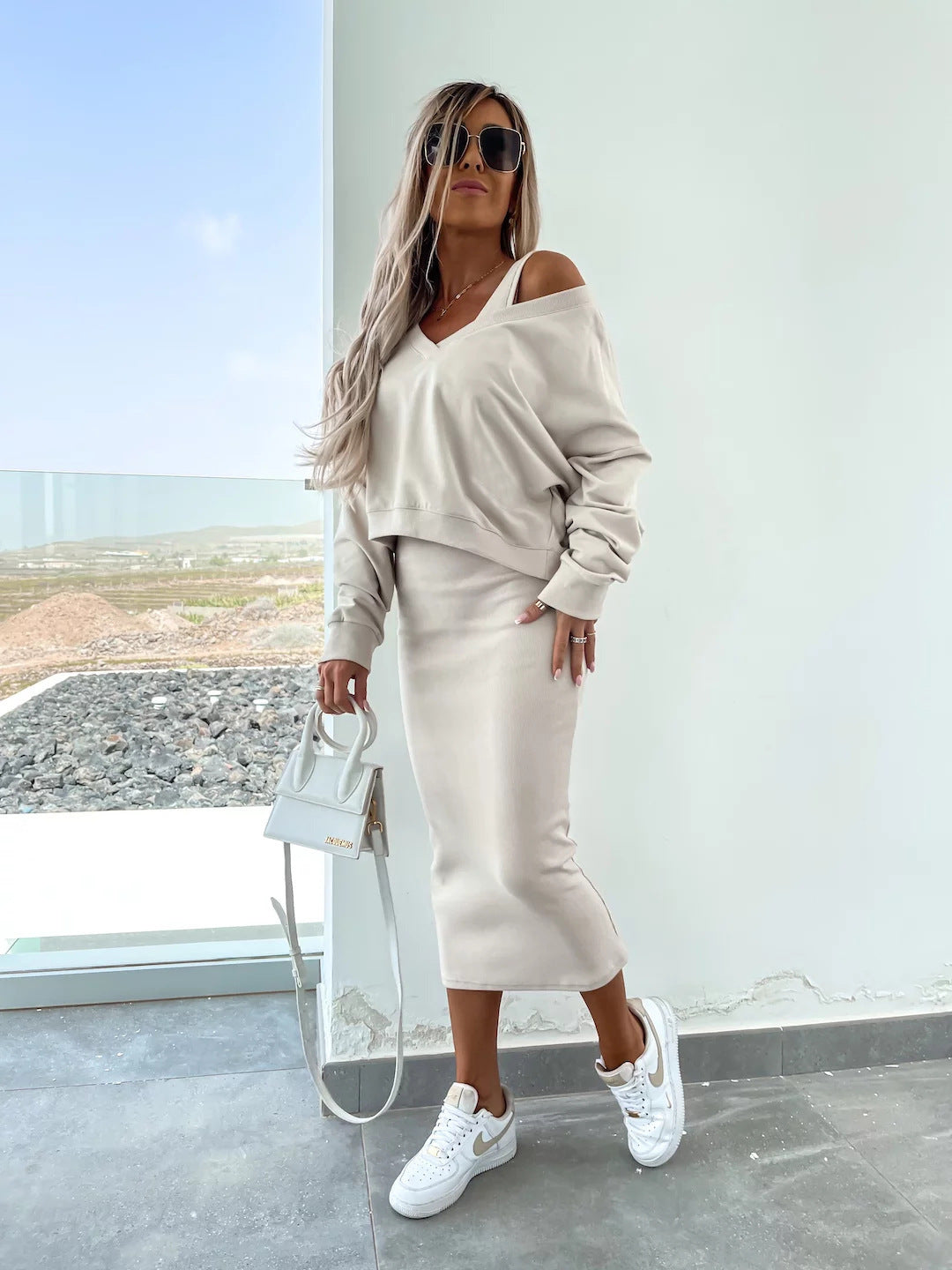 Amazon European and American Cross-Border New Spring Summer Women's Solid Color Clothing V Collar Long Sleeve Sweater Sling Slim Fit Long Dress2Set