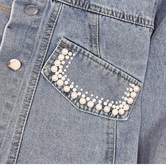 European Style Design Denim Jacket for Women, Loose Fit for Spring and Autumn2024New Heavy Beaded Jacket