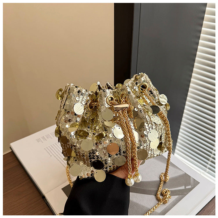 Trendy and High-End Sequin Bucket Bag2025Summer New Fashion Versatile Stylish French Chain Single Shoulder Crossbody