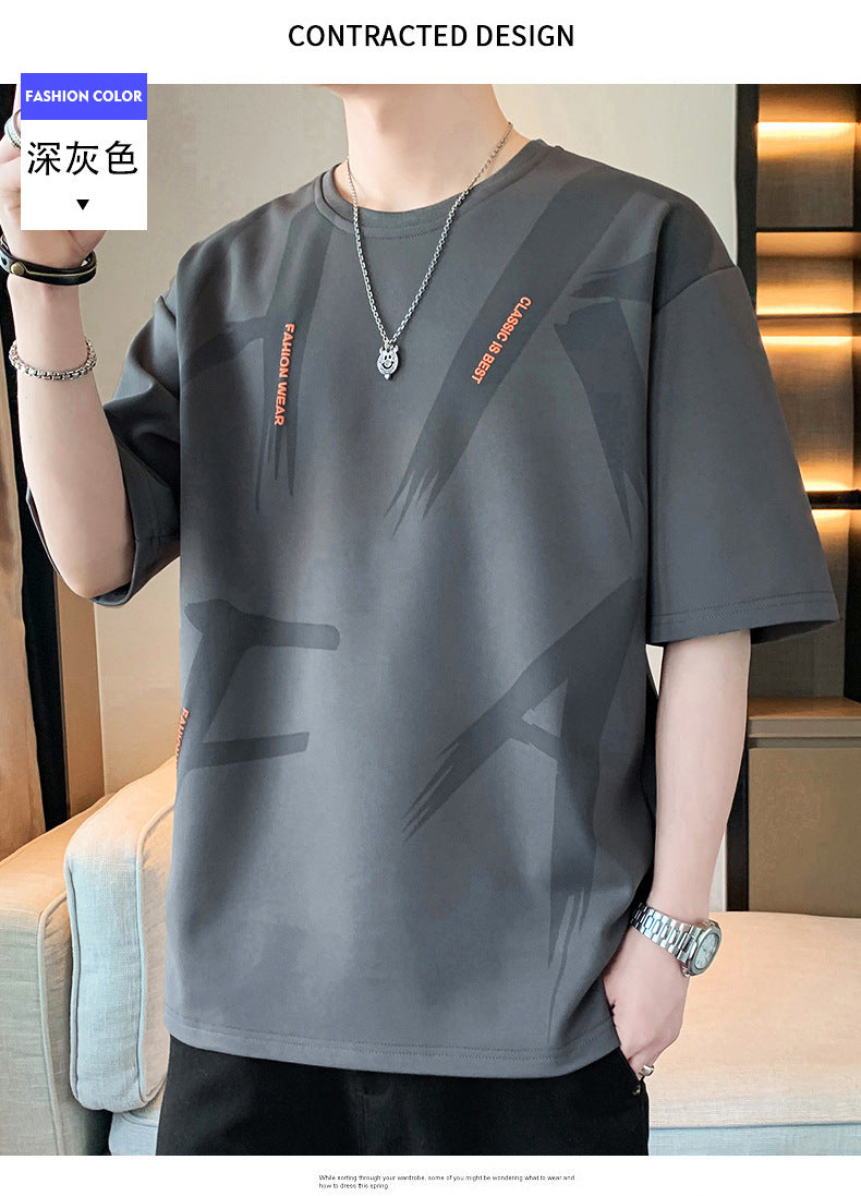 Summer Trendy Hong Kong Style Men's Printed Round Neck Short Sleeve T T-shirt Plus Size Loose Casual T-Shirt for Overweight Men