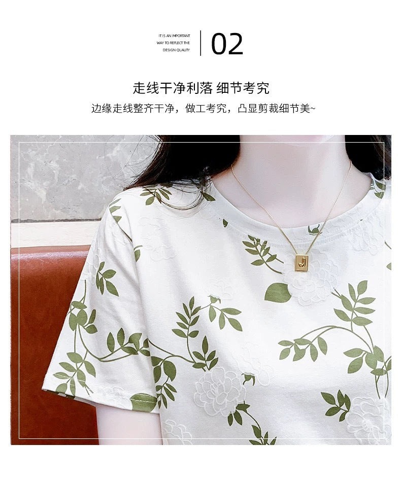 Cross-border new product milk silk round neck short-sleeved women's clothing T Floral Print Foam Base Shirt Loose Fit Women's Top