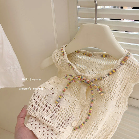 Sweet Little Sister Children's Clothing Girls' Hollow Cool Knitted Vest2025Summer new children's thin knit top