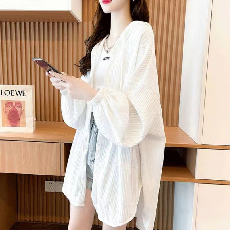 plus Size300White Long Sleeve Sun Protection Jacket for Women, Summer Versatile Mid-Length Loose Cardigan with Hood