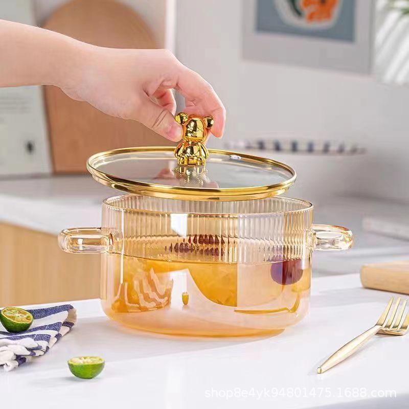 Creative Bear Double Ear Soup Pot Striped Pot Glass Transparent Health Pot Electric Ceramic Stove Heatable Instant Noodle Bowl Milk Pot