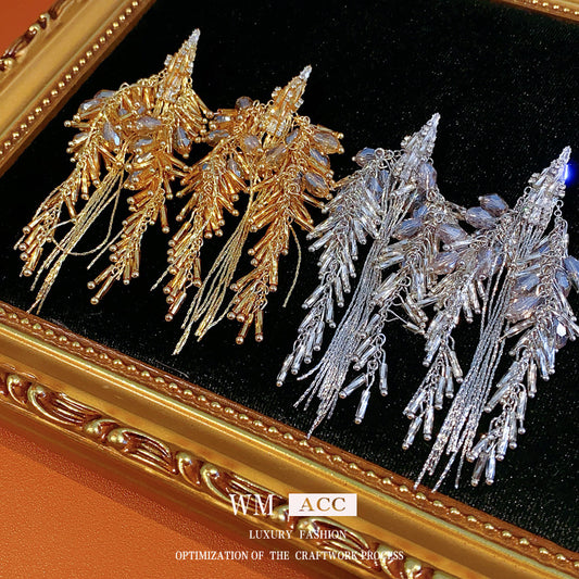 Silver Needle Inlaid Diamond Glass Tassel Earrings Fashion European and American Exaggerated Heavy Craft Stud Earrings Light Luxury High-end Niche Earrings for Women