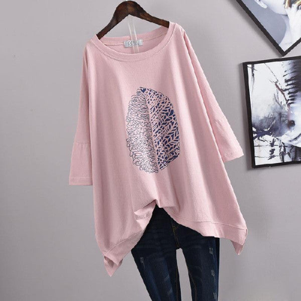 200Plus Size Women's Summer Leaf Print Casual Split Mid-Length Short Sleeve Dress T Women's Loose Fit Plus Size Shirt