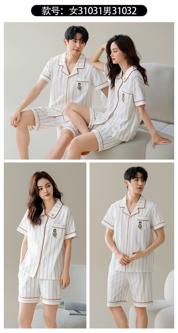 Summer New Cotton Cardigan Pajamas for Women, Thin High-End Feel, Men's Loungewear, Casual Wearable Couple Pajamas