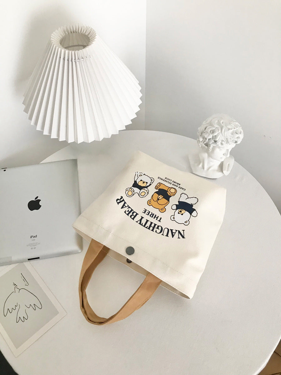 New Bear Canvas Bag for Female Students, Portable Small Handheld Lunch Bag, Tote Bag, Canvas Pouch, Gift Bag
