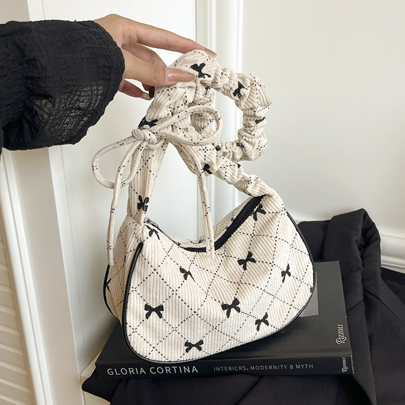 Sweet Bow Plaid Single Shoulder Underarm Crescent Bag2024Autumn new simple casual large capacity handbag