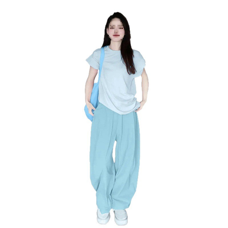 Summer Dopamine Full Set Shirt Wide-Leg Pants Two-Piece Set Lazy Style Fashion Casual Thin Suit for Petite Women