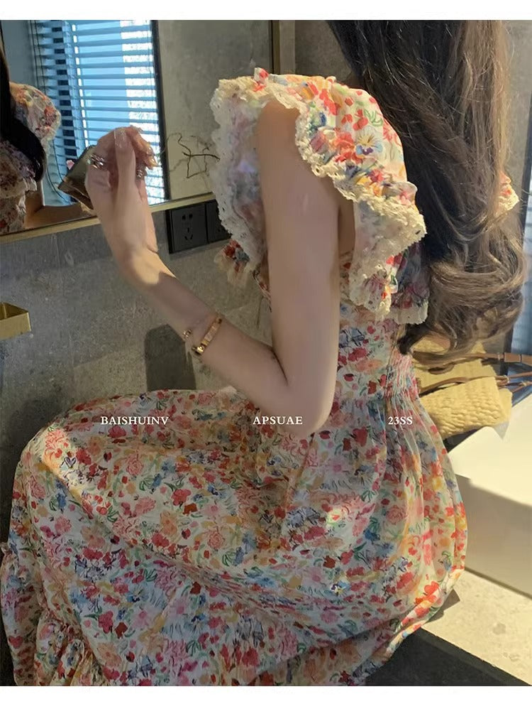 Floral Square Neck Slim Fit Women's Dress for Beach Vacation Casual Long Dress