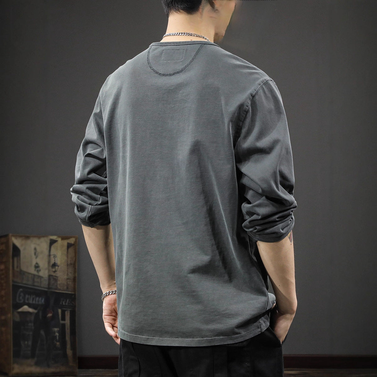 2025New casual men's pure cotton long sleeves t Loose Thin Spring Autumn Trendy Brand Henley Collar Base Shirt Sweatshirt