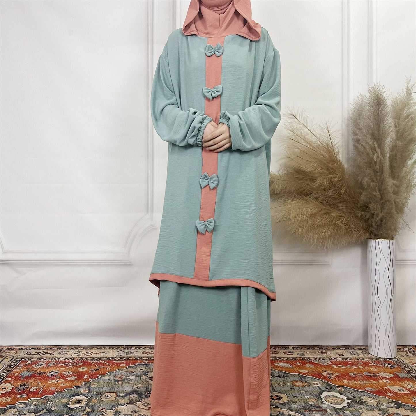 2024Aliexpress Muslims Fashion Women's Two-Piece Set with Bowknot, Solid Color Double-Layer Hat and Robe Set