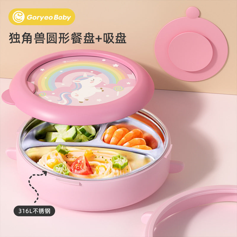goryeobaby Children's Stainless Steel Plate Baby Suction Bowl Water-Insulated Bowl Baby Divided Plate Baby Food Utensils