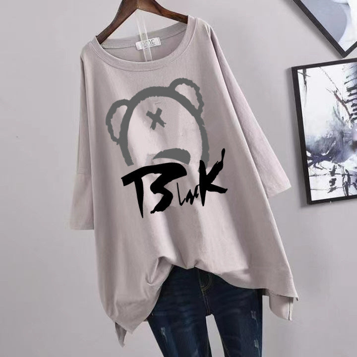 200Plus Size Women's Summer Leaf Print Casual Split Mid-Length Short Sleeve Dress T Women's Loose Fit Plus Size Shirt
