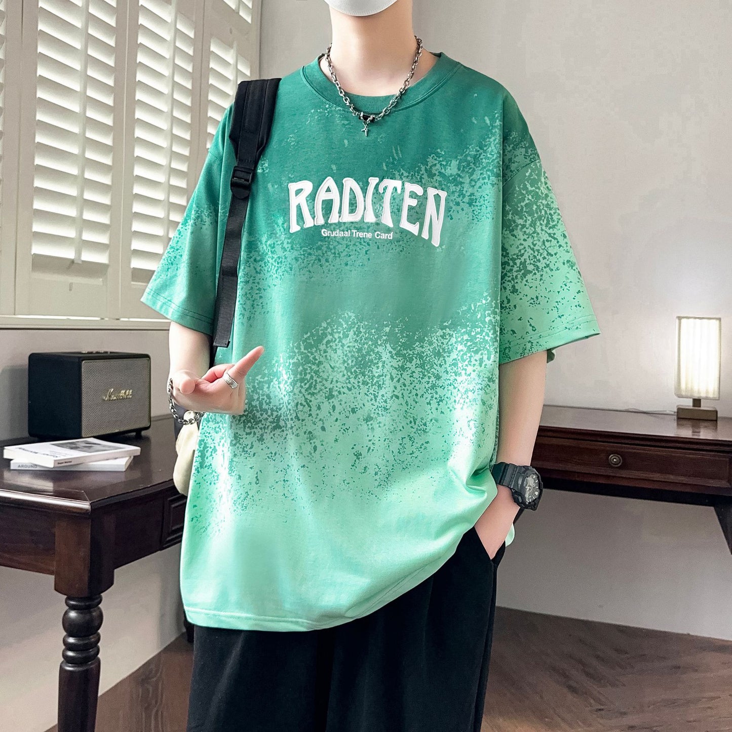 2025Summer New Men's Youth Casual Stylish Trendy Loose Short Sleeve T Shirt Gradient Color for Middle and High School Students