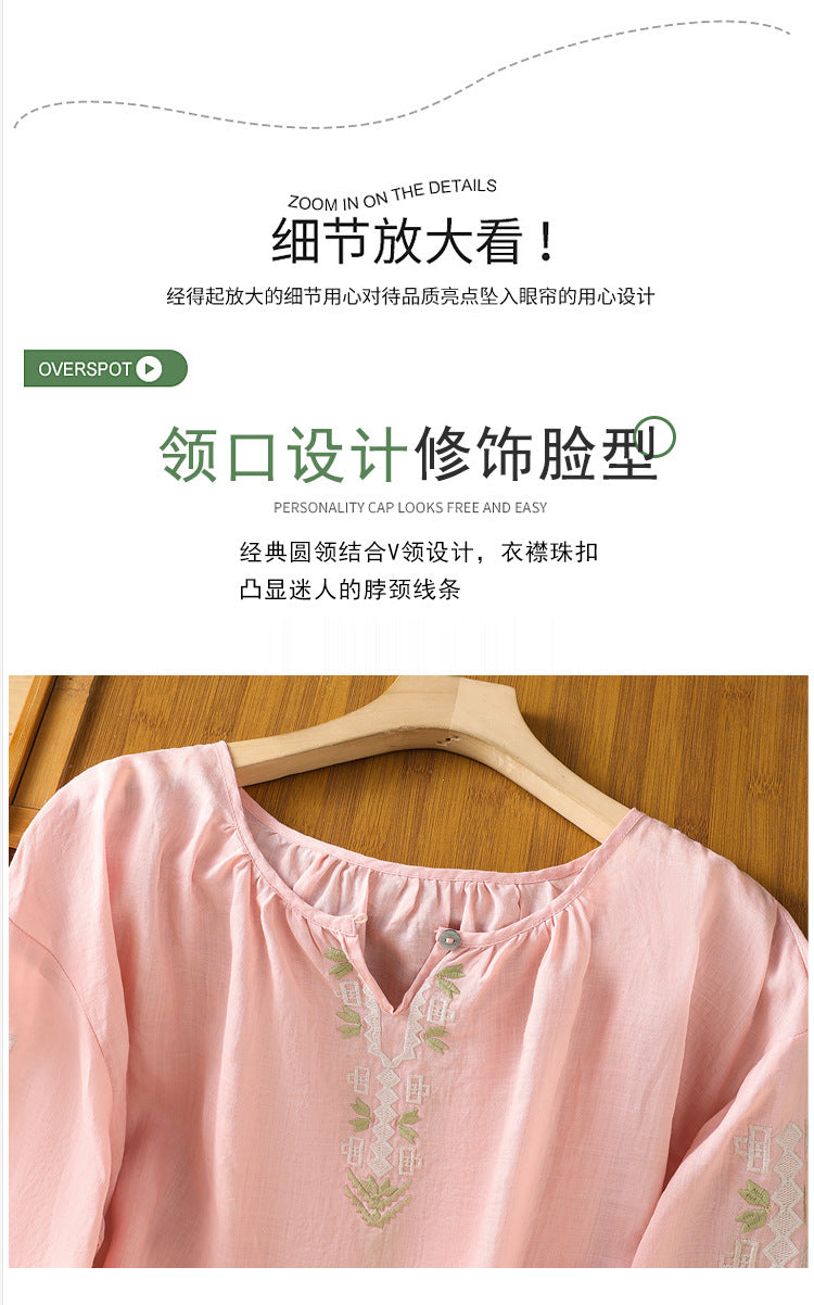 2025Summer New Vacation Ethnic Style Ramie Embroidered Round Neck Shirt for Women Loose Sun Protection Versatile Air Conditioning Shirt
