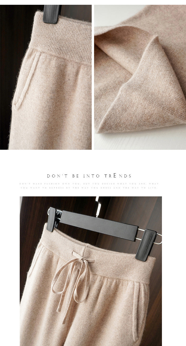 Autumn Winter Thickened Knitted Full Wool Wide-Leg Pants for Women Casual Cashmere High-Waist Draped Loose Straight-Leg Floor-Length Pants