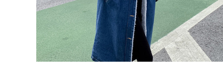 2022Winter New Mid-Length Large Fur Collar Fleece-Lined Lamb Wool Denim Jacket for Women Loose Casual Cotton Coat