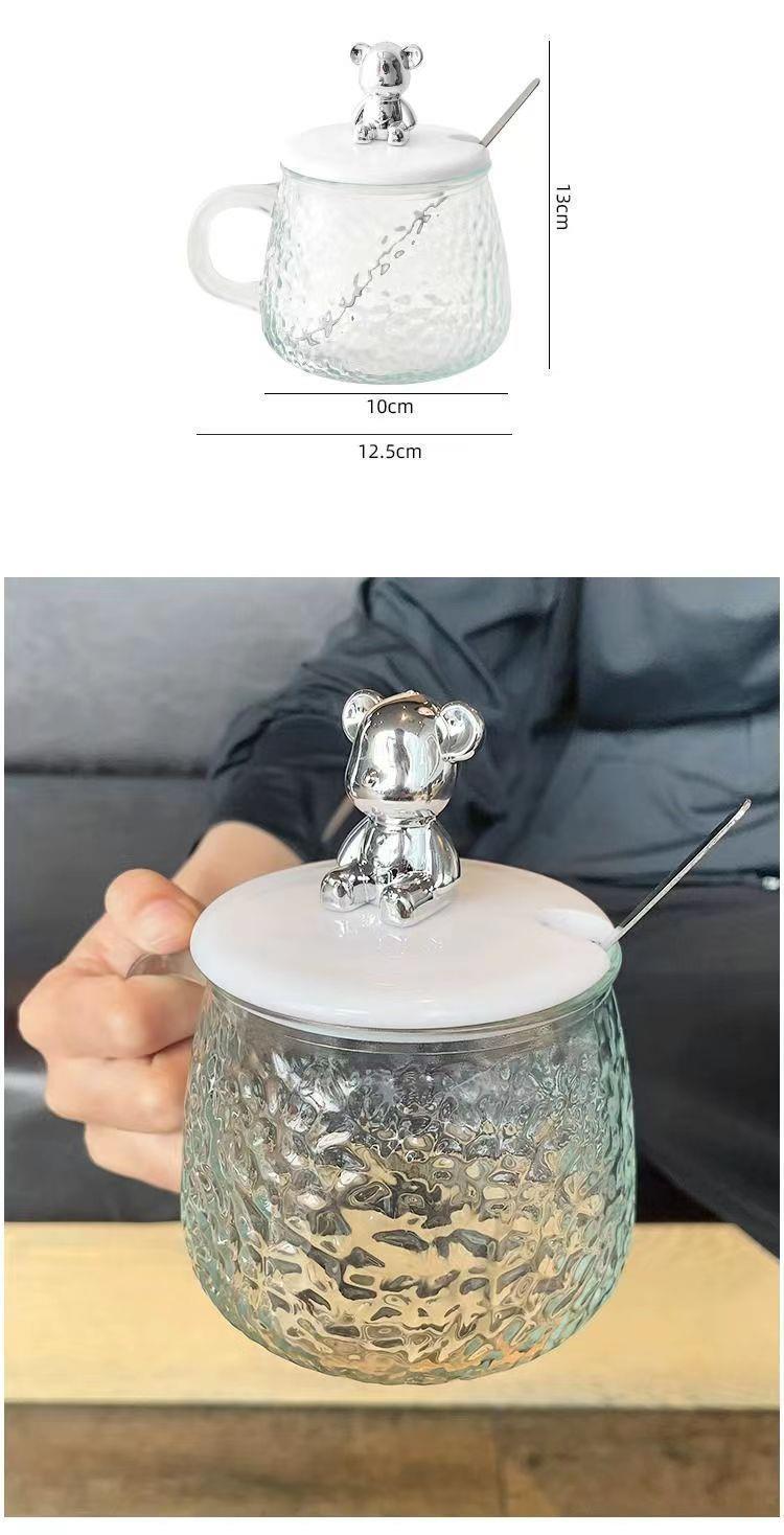 Creative Hammered Bear Glass Cup for Women ins High-Quality Aesthetic Water Cup with Lid for Home Use, Transparent Breakfast Milk Cup
