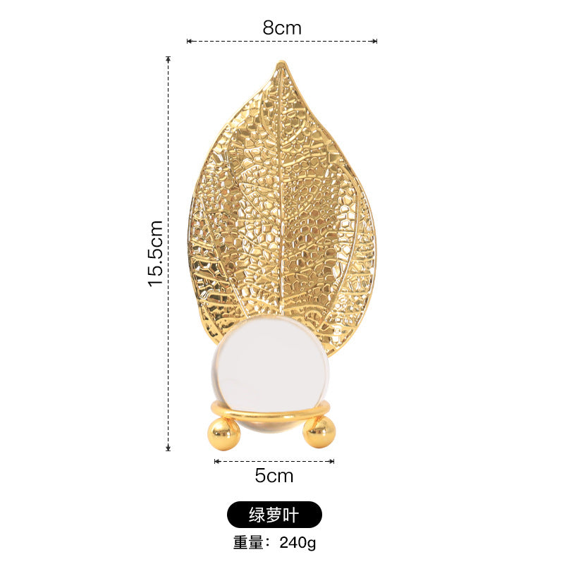 Nordic Light Luxury Metal Leaf Crystal Ball Ornament for Study Room Bookshelf Wine Frame Model Room Entrance Decoration Ornament
