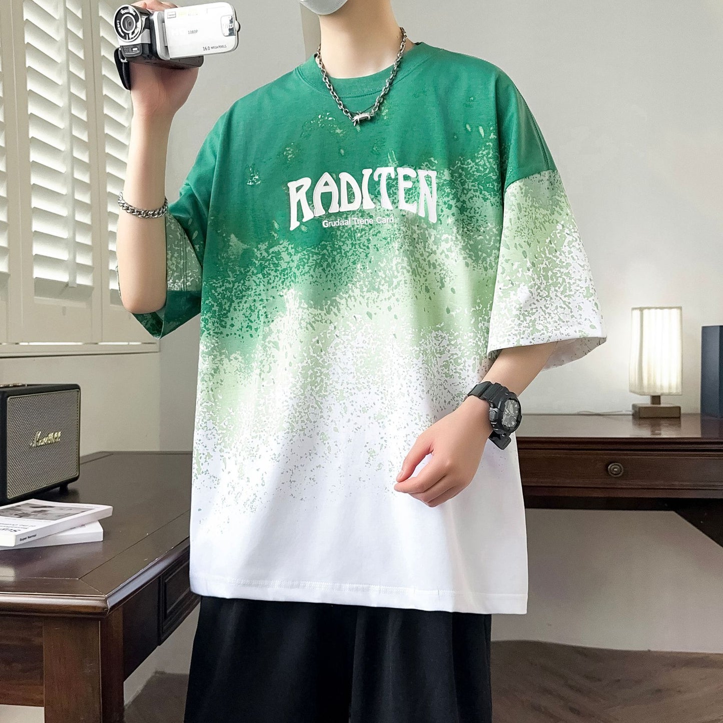 2025Summer New Men's Youth Casual Stylish Trendy Loose Short Sleeve T Shirt Gradient Color for Middle and High School Students