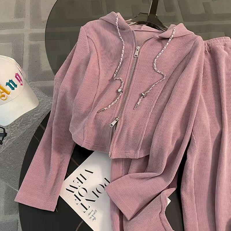 Casual Sports Suit for Women, Spring and Autumn New Loose Short Hooded Top with Draped Split Wide-Leg Pants Two-Piece Set