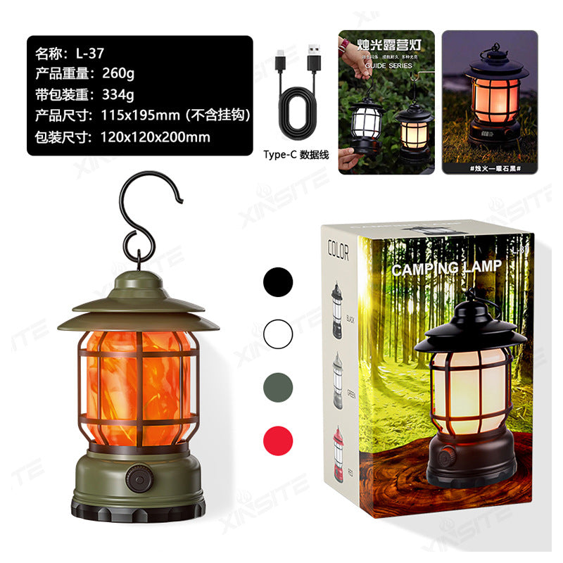 TikTok Hot-Selling Camping Light Atmosphere Light Flame Camping Light Tent Retro Lantern Outdoor Rechargeable Handheld Light Gift