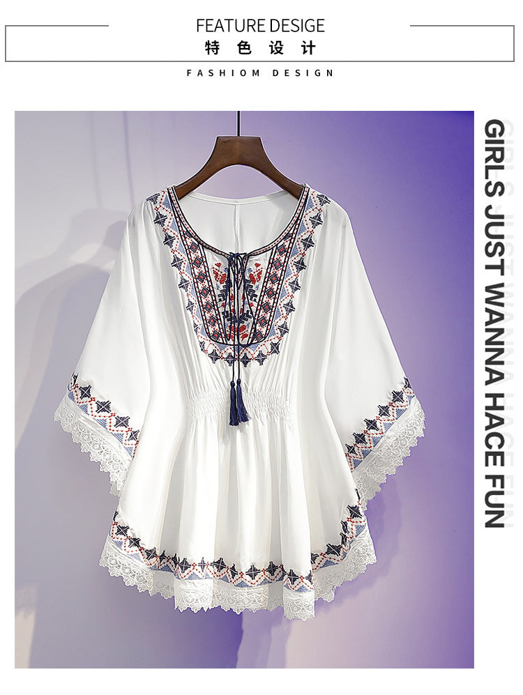 Summer Fashion Retro Slimming Top Women's Stylish Youthful Printed Five-Sleeve Round Neck Chiffon Blouse Women's Fashion