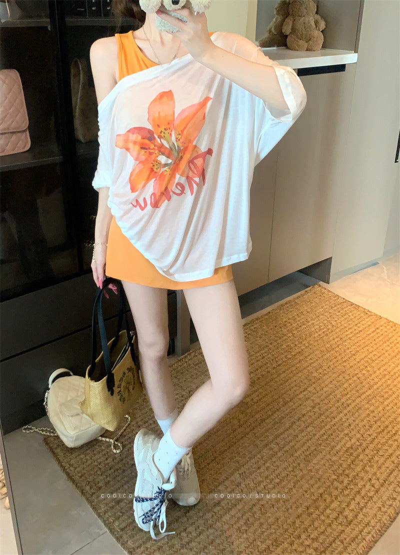 Korean style sweet floral letter print short sleeve T Women's Summer T-shirt2025New off-shoulder design casual top