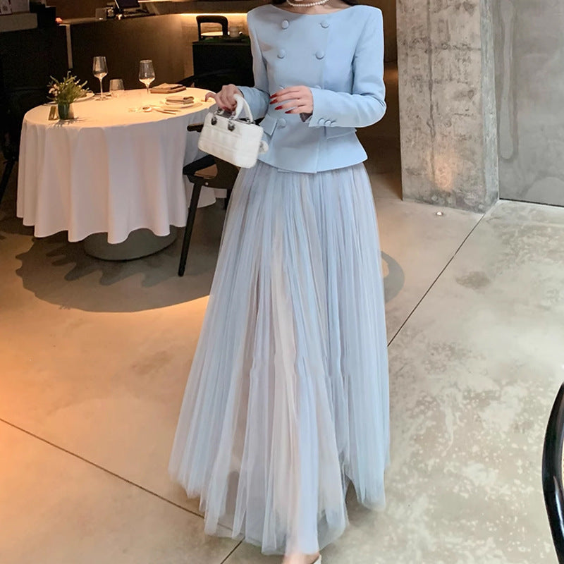 Fashionable Scarlett2025Super Popular Spring Outfit Set for Women: Top, Jacket, Half Skirt, Round Neck, Socialite Style