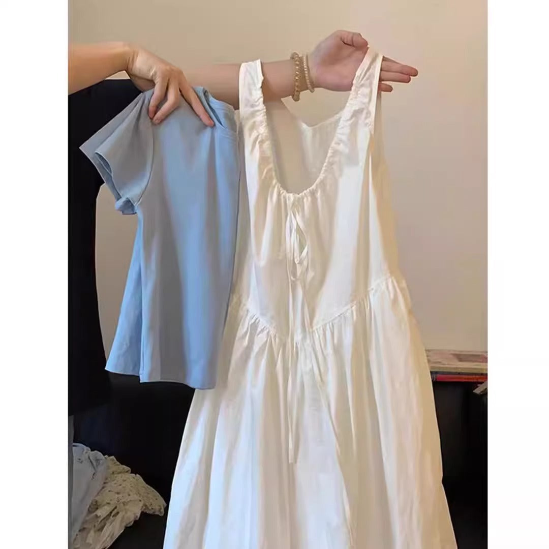 This Year's Trend Summer Full Set Women Korean Version Simple Top French Style Pure Desire Style White Dress Two-Piece Set