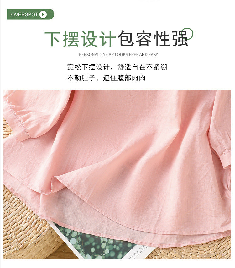 2025Summer New Vacation Ethnic Style Ramie Embroidered Round Neck Shirt for Women Loose Sun Protection Versatile Air Conditioning Shirt